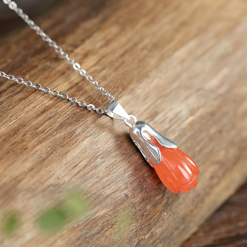 

S925 Silver Retro Personality Mosaic Natural Nanhong Agate Magnolia Brief Lady Hanging Drop