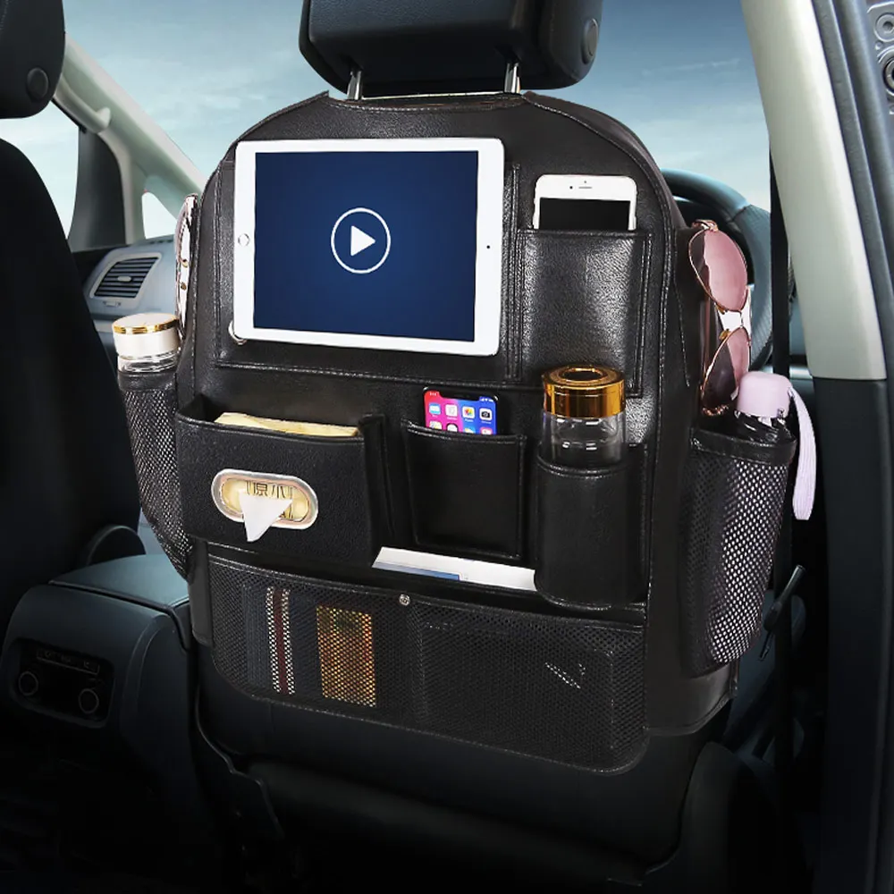 Подвесная сумка из искусственной кожи на заднем сиденье автомобиля, боковые карманы для водителя, для iPad, для напитков, мобильных закусок, тканевых игрушек, книг, очков, держатель для телефона