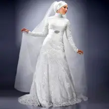 Fancy Muslim Lace Wedding Dresses With Hijab A Line High Neck Dubai Abaya Kaftan Islamic Bridal Dress Long Sleeve Wedding Gowns