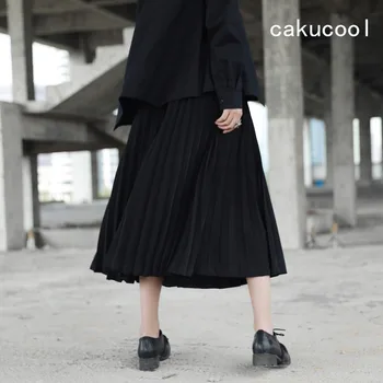 

Cakucool New Design Solid Black Pleated Skirt Mid Long A-line Skirts
