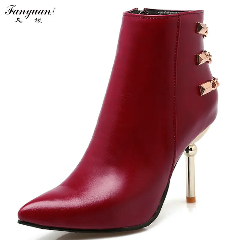 

2017 Fashion New Design Back Heel Gold Chains Ankle Boots Sexy Pointed Toe High Heel Short Shoes Woman Boots Electroplating With