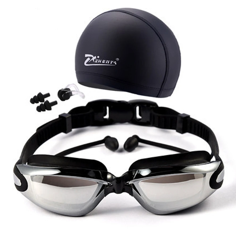 HD водонепроницаемые и противотуманные очки для плавания для мужчин и женщин, большая оправа с покрытием, очки с шапкой для плавания - Цвет: Black 250 degrees