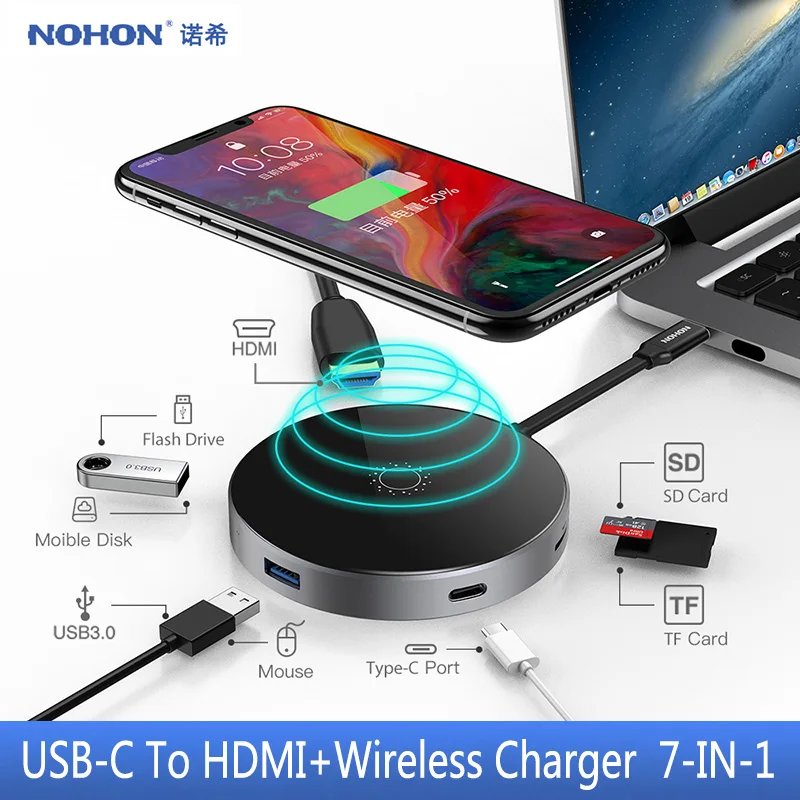 NOHON USB 3,0 концентратор type C концентратор USB разветвитель Мульти USB C концентратор HDMI адаптер питания для Macbook Pro mate 20 Pro Беспроводное зарядное устройство PD SD - Цвет: HDMI PD SD WC USBx2