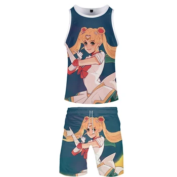 

2019 Sailor moon two piece set tank top and shorts Harajuku women Sailor moon t shirt streetwear harajuku Sleeveless Plus Size