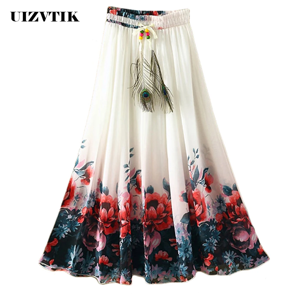 

High Waist Long Boho Skirts Womens Summer 2019 Fashion Casual Print Floral Skirt Vintage Maxi A Line Chiffon Skirt jupe femme