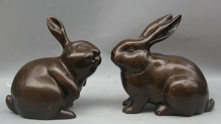 

xd 002255 7" Chinese Folk Feng Shui Bronze Cute Zodiac Year Rabbit Statue Sculpture Pair