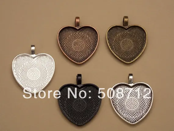 

Free Ship!!! 30pcs Combo Heart Shaped Pendant Trays with Matching Glass Cabochons 1 inch Mix and Match Copper Bronze Silver