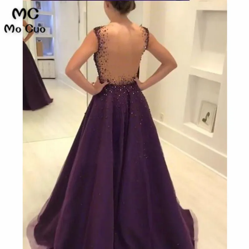 Purple Cute Round Neck Tulle and Satin Beads Long Prom Dress, Purple Evening Dress32