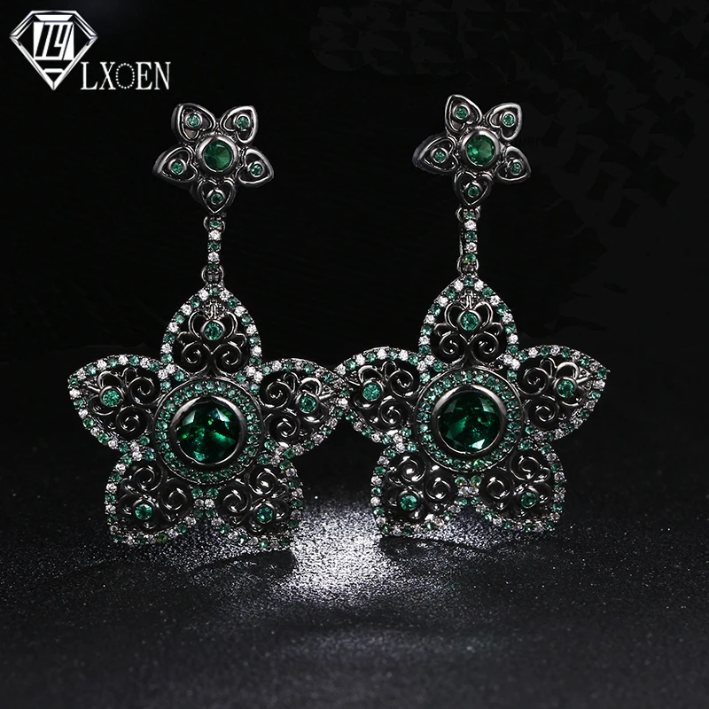 

LXOEN Romantic Flower Shape Cubic Zirconia Drop Earrings For Women Bohimian Beaded Black Gun color Earrings Pulseras Mujer