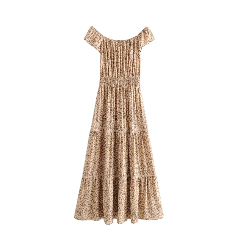 

GYPSY Boho Chic Summer Vintage Leopard Print Pleated Maxi Dress Women Fashion Off Shoulder Elastic Waist Beach Dresses Vestidos