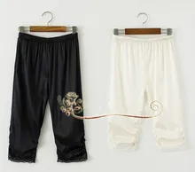 hot sell women 100% black pure silk legging Stretch pants with Lace edge-b64