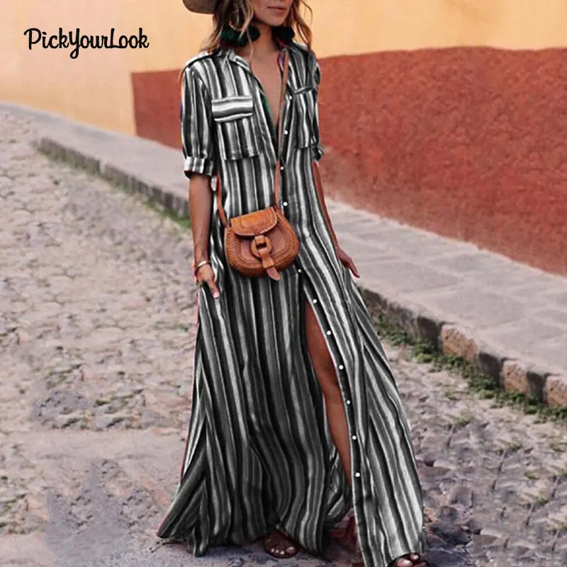 Pickyourlook Женское Платье макси с отложным воротником рукавом в полоску на пуговицах