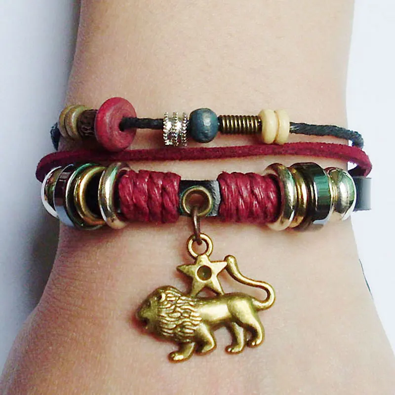 new Zodiac Leo Lion Charm Leather Bracelet Women Men Hemp Wrap Bracelet