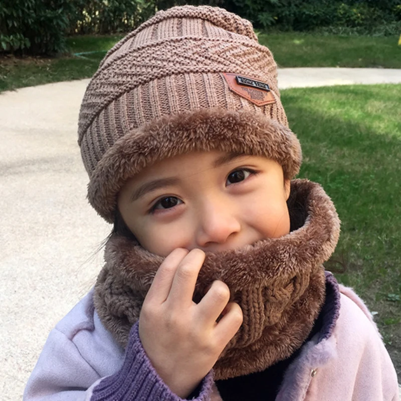 HT1976 Для детей зимняя шапка шарф набор толстые теплые двойные Слои зимняя шапочка для маленьких мальчиков девушка флис трикотажные