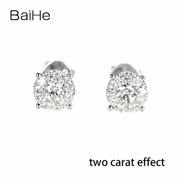 BAIHE Solid 14K белое золото 0.34ct(всего) H/SI натуральные Алмазы обручальные женские модные ювелирные изделия подарок серьги-гвоздики - Цвет камня: two carat effect