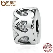 BAMOER Moda Plata de Ley 925 Fila De Corazones Amor Romántico Clip Encantos ajuste Brazaletes y Pulseras Mujer Accesorios DIY PSC033