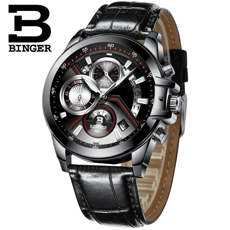 

Men's watch Luxury Top Brand Switzerland BINGER Big Dial Face Chronograph Waterproof Genuine Leather Strap Quartz Clock B-9016-7