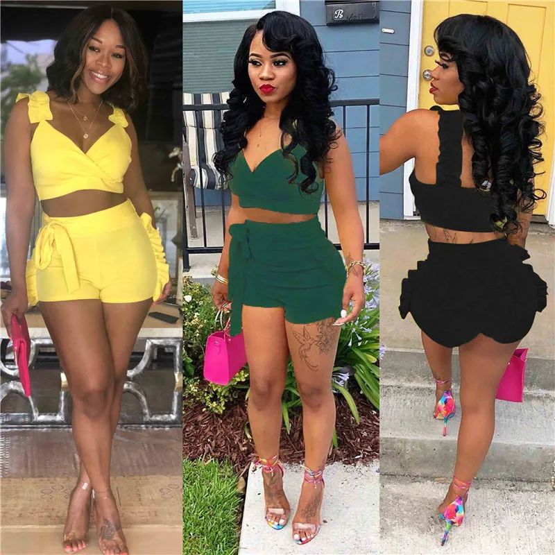 

Women Two Piece Set for Streetwear Ruffles Decor V-Neck Sleeveless Backless Solid Color Short Top+ High Waist Bandage Shorts
