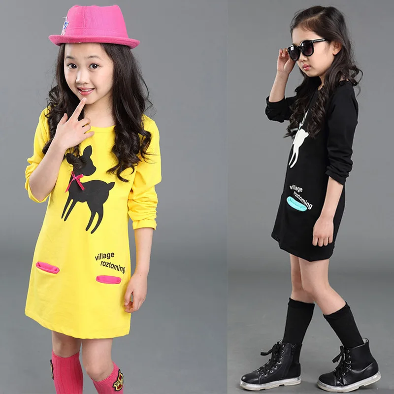 Платье-футболка для девочек; хлопковые детские платья с длинными рукавами для девочек с рисунком оленя; одежда для малышей с круглым вырезом; сезон весна-осень