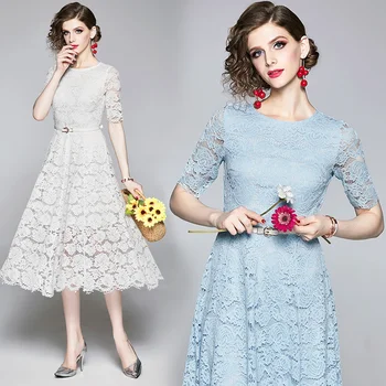 

womens woman ladies Designer summer short-sleeves lace belt runway slim Skater party Cocktail office work wear dress clothes