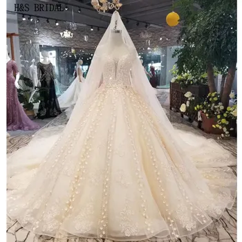 شراءفستان زفاف H & S BRIDAL بأكمام طويلة مزين بالدانتيل مطرز فساتين زفاف الإمبراطورية رداء دي زواج Vestidos De Novia 2020
