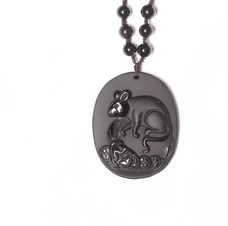 

48x38mm Wonderful Handwork Natural Black Obsidian Carved Chinese Zodiac Rat Lucky Pendant Necklace Fashion Amulet Jewelry