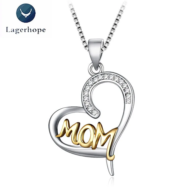 Heart shaped S925 Sterling Silver Necklace Love Mom Letter Pendant