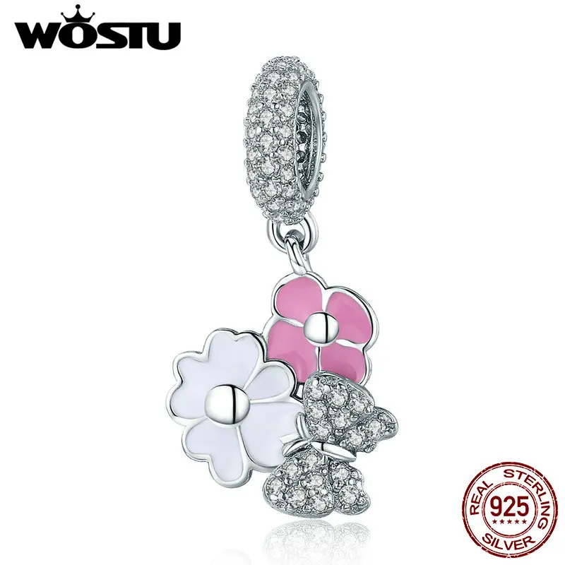

WOSTU Hot Sale 925 Sterling Silver Butterfly & Flowers Dangle Charm fit Beads Bracelet Necklace DIY Jewelry Gift CTC001