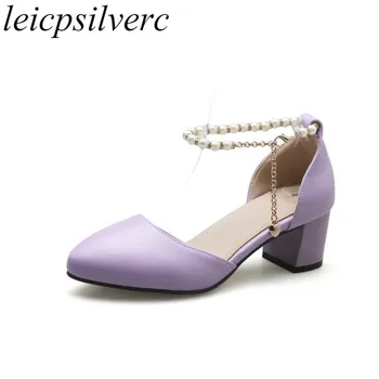 

Women Pumps Shoe High Heel Pu Pearl Chain Buckle 2018 Spring Summer Sexy New Fashion Sweet Casual Office Pink Beige White Purple