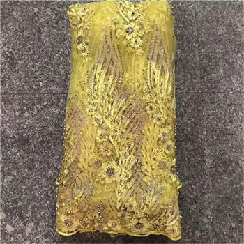 

latest stone beads fabric fashion embroidered french net lace fabric high quality french tulle lace fabric blue yellow Red green