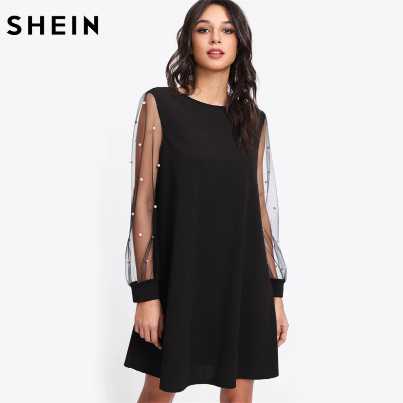SHEIN Elegant Womens Dresses Pearl Beading Mesh Sleeve Tunic Dress Autumn Black Boat Neck Long Sleeve