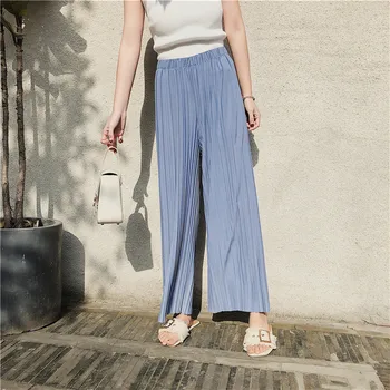 

2019 new hot sale women's spring summer chiffon wide leg pants ladies fashion high waist pleated ankle-length pants 7 colors