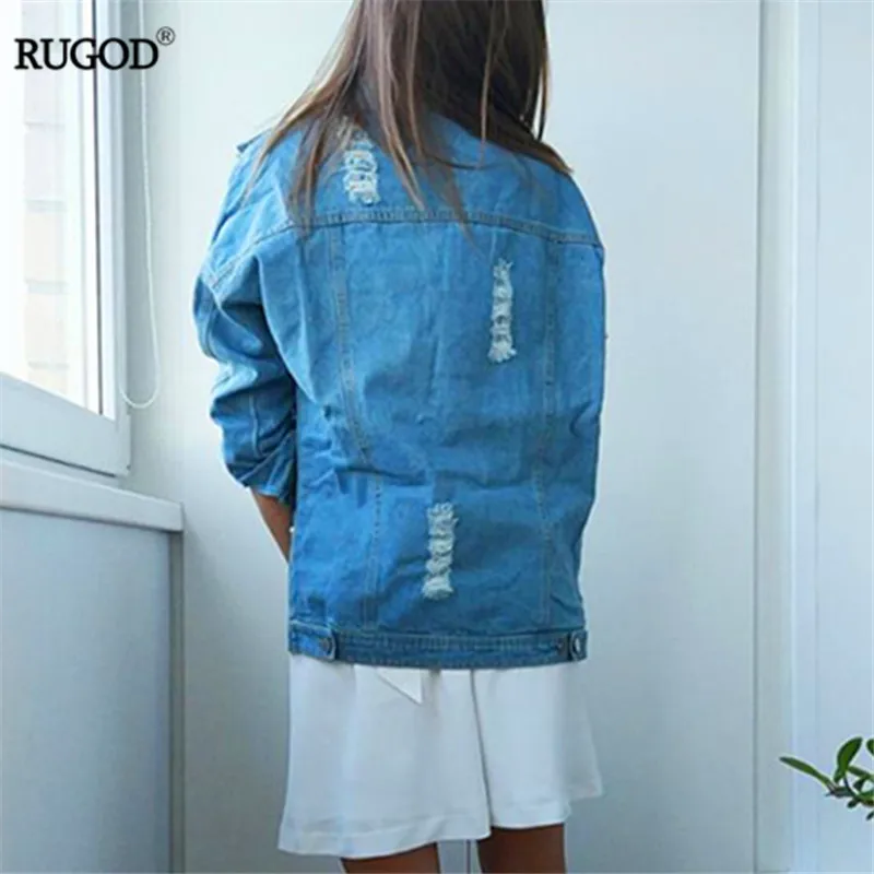 RUGOD 2018 Spring Pearls Beading Ripped Denim Jacket Women Vintage Single Breasted Long Sleeve Jean Jackets and Coats Plus Size
