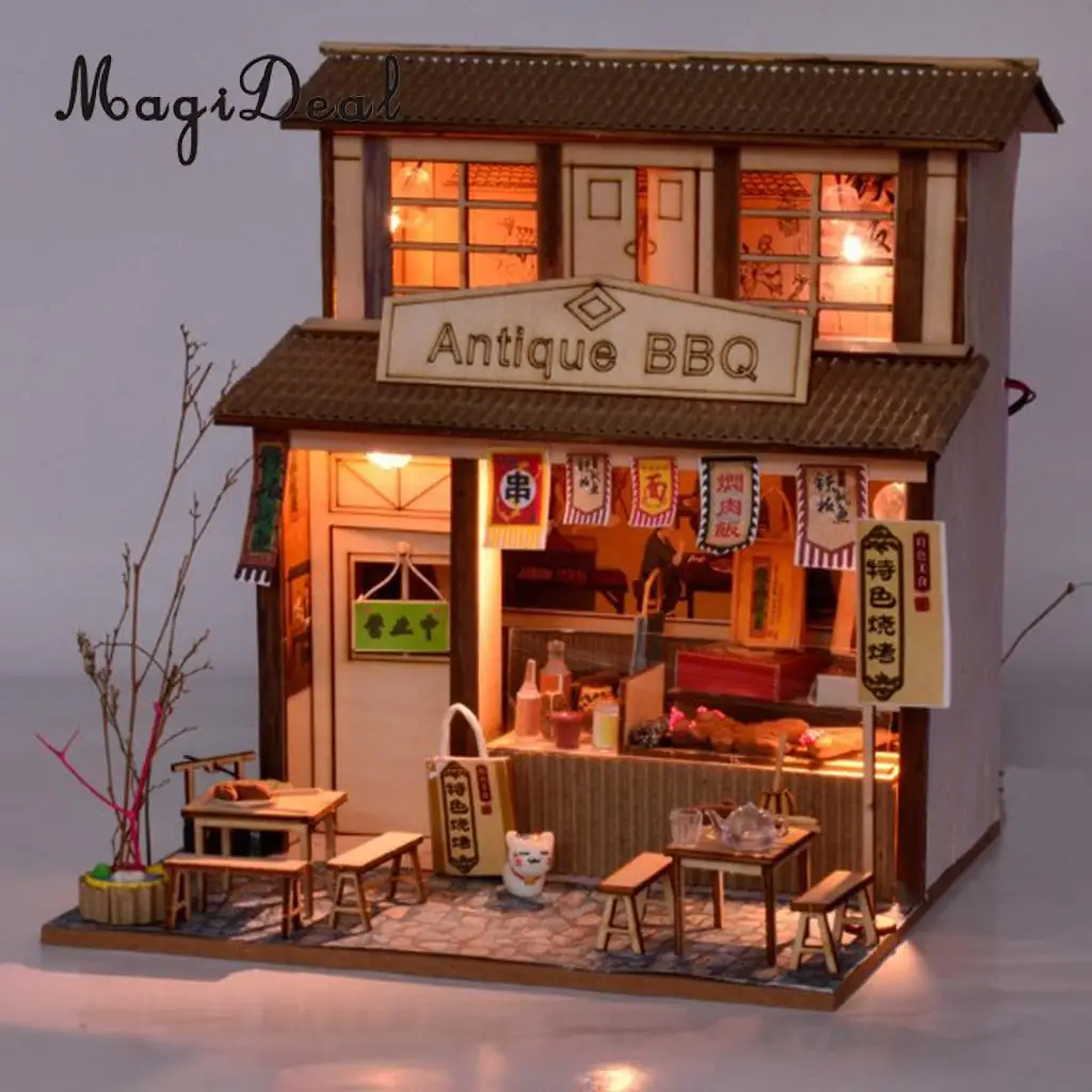 1/24 DIY Dollhouse Miniature Kit with Furniture, Light BBQ Restaurant Gift