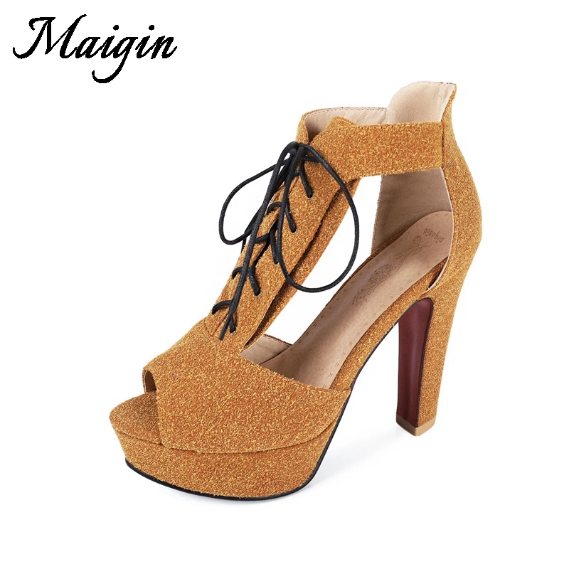 Maigin Summer Women Ankle Boots Lace Up High Heels Women Sandals Peep Toe Cover Heel Platform Shoes 2018 Big Size Female Shoes
