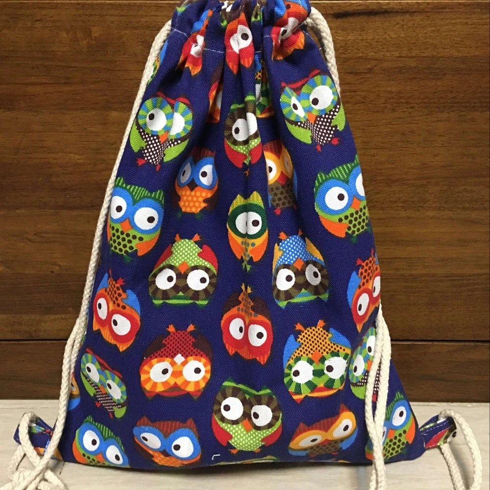 Cotton Canvas Drawstring Travel Backpack Student Book Bag Owls Red Base B71 S
