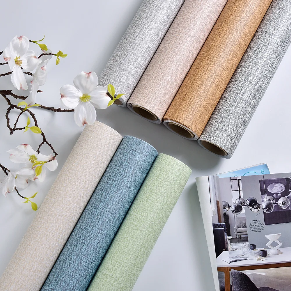 Self sticking solid color burlap texture wallpaper bedroom TV