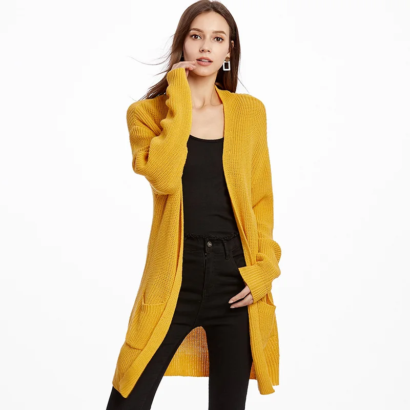 Осень и зима женский вязаный свитер кардиган свободный однотонный в полоску длинный рукав куртка размера плюс желтый черный серый