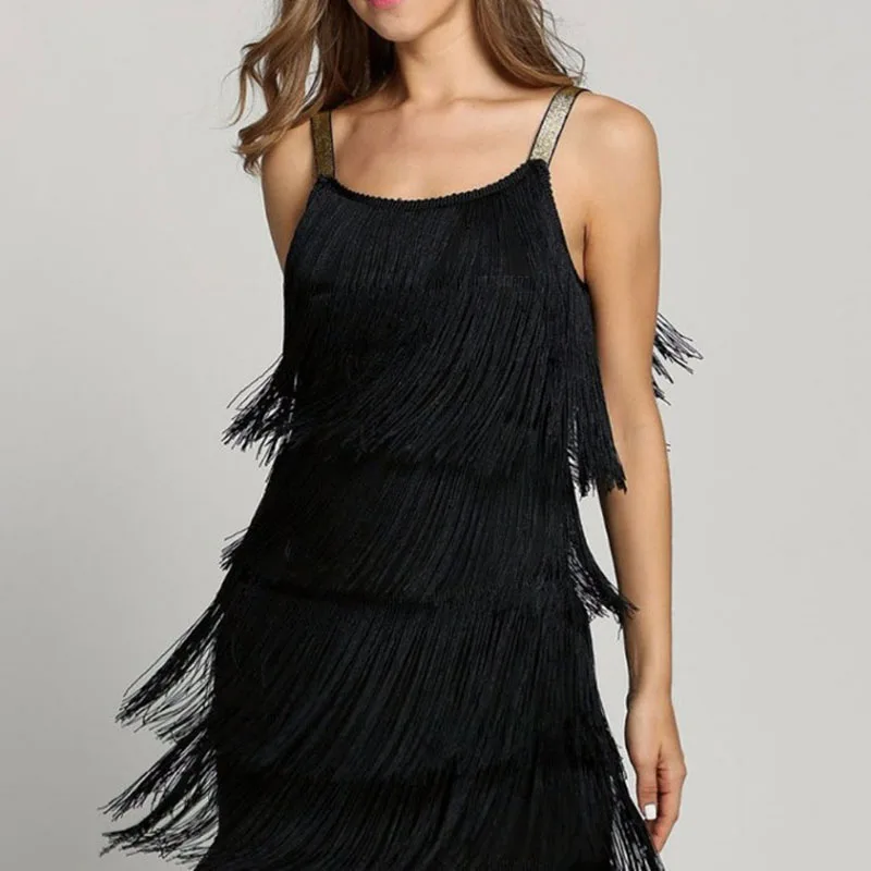 Günstige Quaste Kleid Frauen Sexy Sommer Flapper Strand Kleid Strap Low Cut Schwarz Silber Weiß Kurzen Fransen Party Kleider A 005