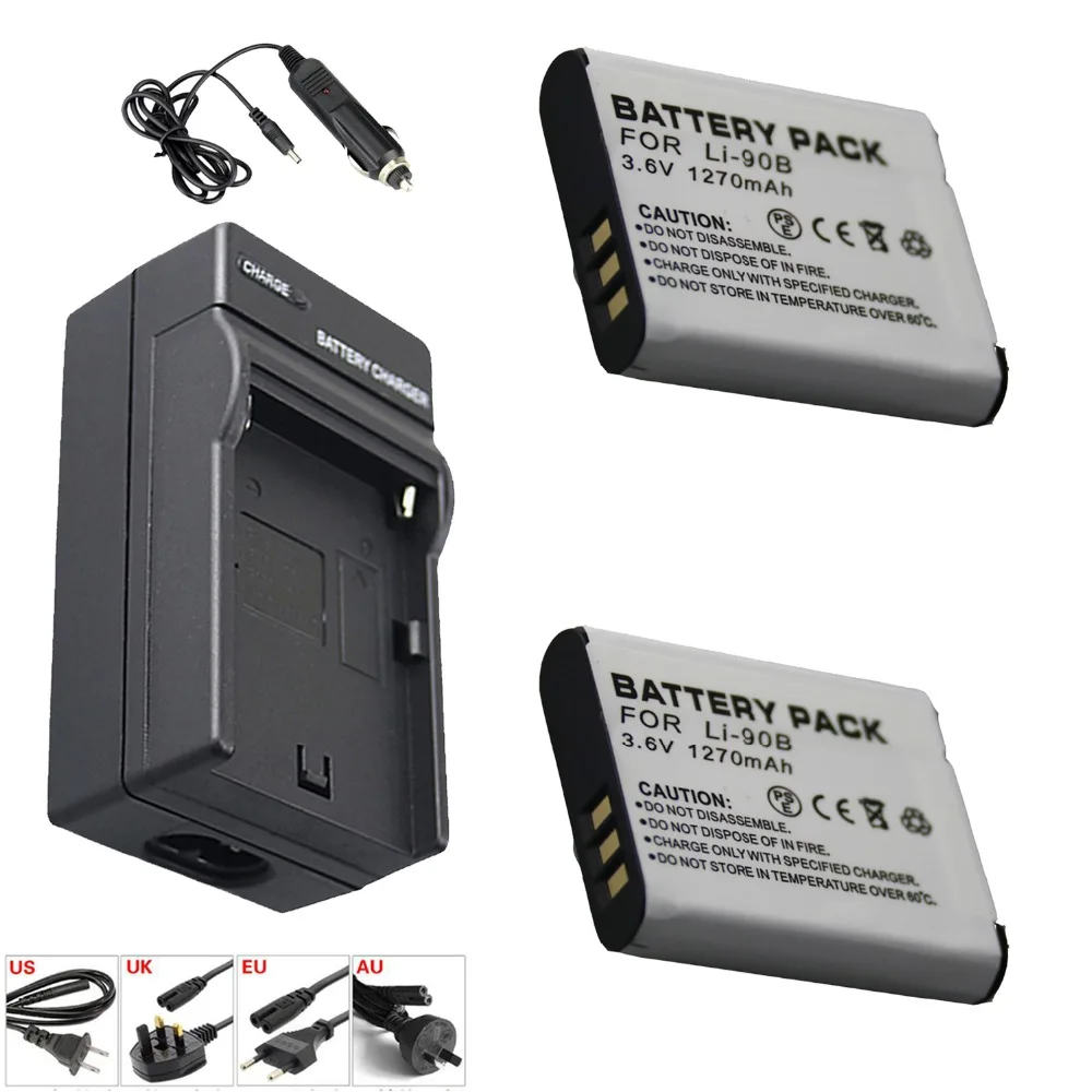 

2pcs 1270mAh LI-90B li-90b LI90B Battery + LED Single charger and Car cable for Olympus Tough TG-1 TG-2 TG-3 TG-5 Camera