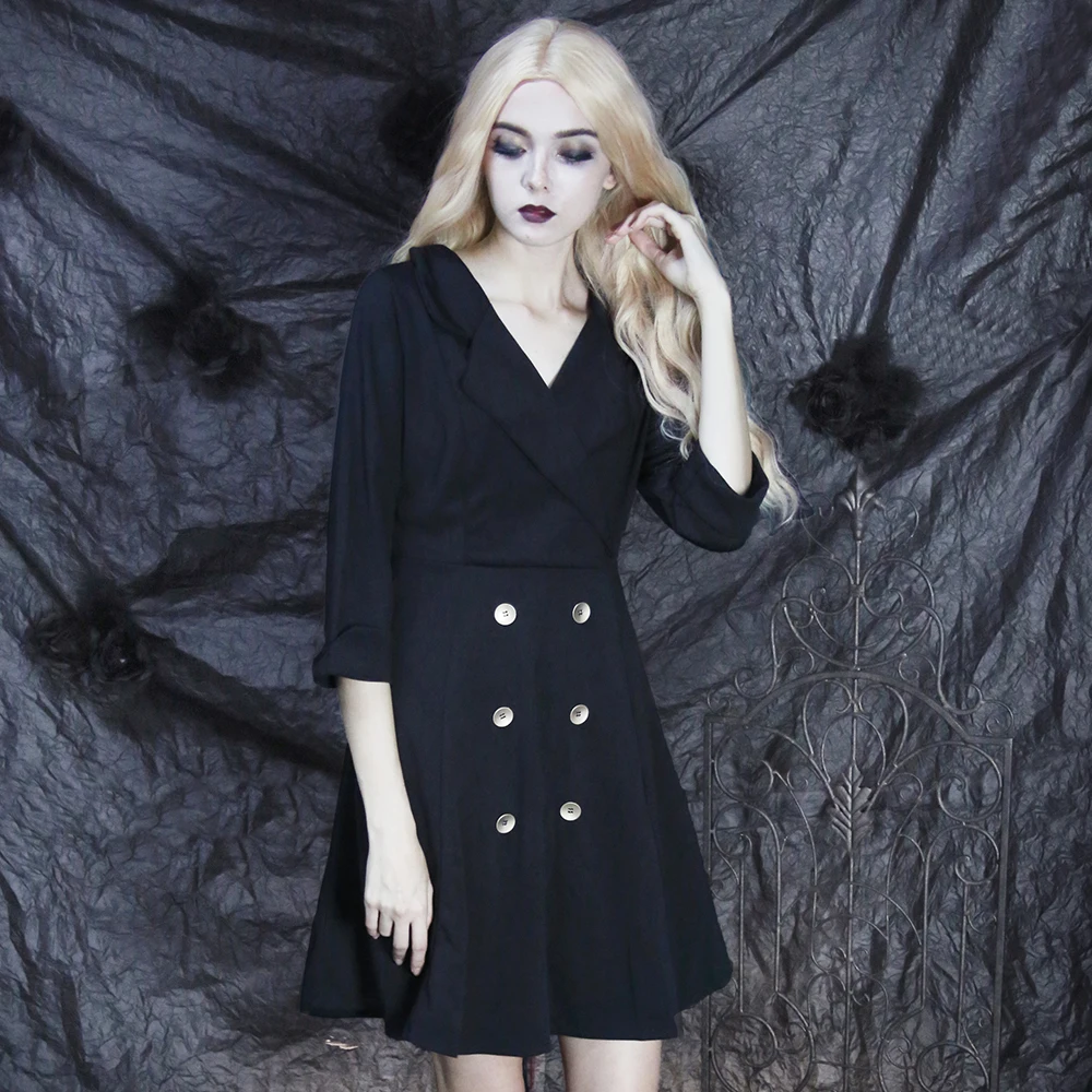 Femmes Rétro Moulante Bureau Longues Dames Filles Automne Casual V Vintage Gothique Vêtements Mince Cou Noir Robe Manches OPkZiuTX