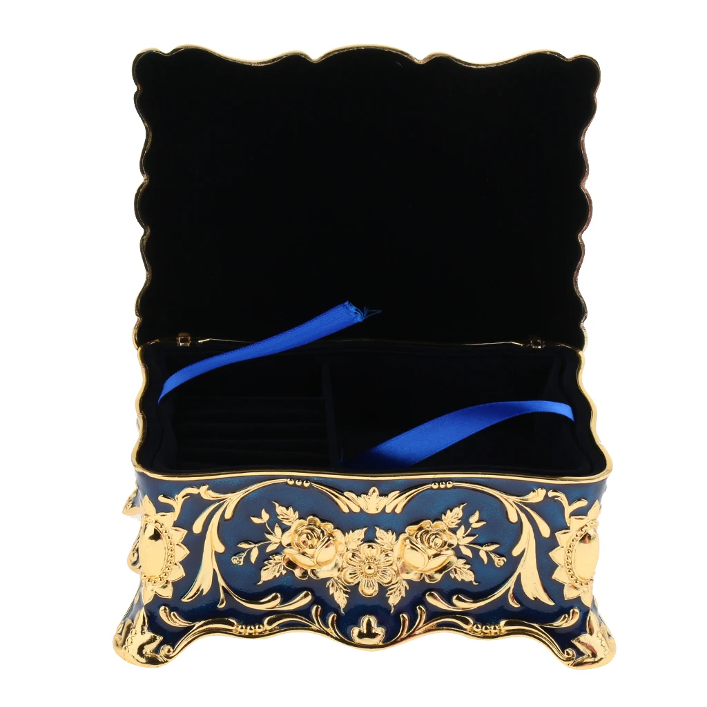 2-Layer Blue Large Vintage Metal Trinket Jewelry Boxes Gift Storage Organizer Gift for Girls Teens Women