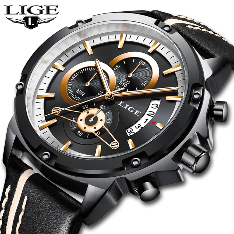 

LIGE Mens Watches Top Brand Luxury Military Sport Watch Men Black Leather Analog Quartz Watch Waterproof Relogio Masculino+Box