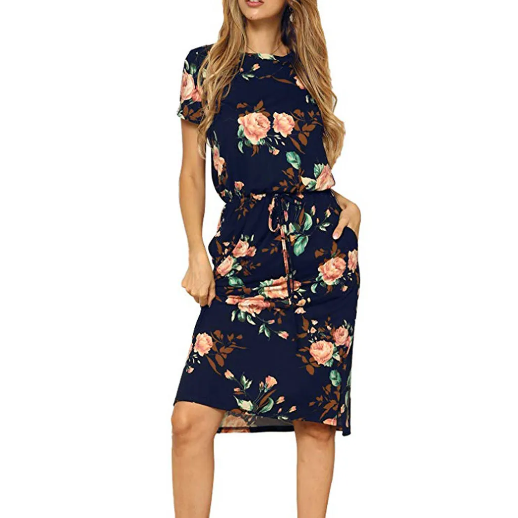 

Fashion Women Bohemian Dresses O-Neck Floral Printed Short Sleeve Casual Pockets Dress with Sashes Ladies Party Beach Midi Dress