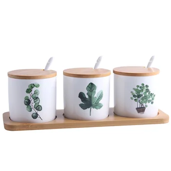 

Nordic Ceramic Seasoning Bottle Set Cans Creative Household Green Plant Salt Box Green Leaf Spice Jar with Spoons for Kitchen