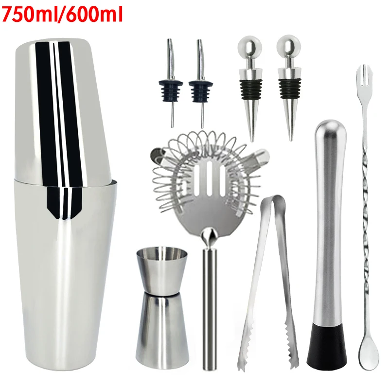 10-11Pcs/set Bar Set with Measuring Jigger Mixing Spoon Stainless Steel Bar Tools Built-in Bartender Strainer Cocktail Shaker