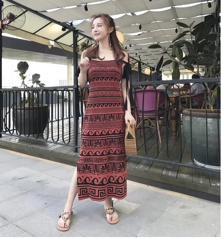vestidos 2018 Freeshiping New High quality Printing Slash Neck Dew shoulder Slim Vintage dress | Женская одежда