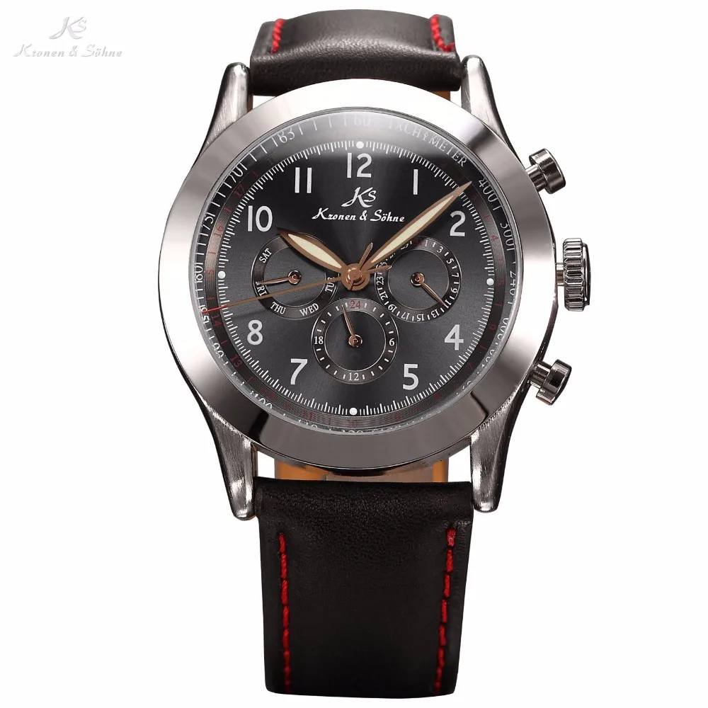 

KS Navigator Series Luxury Vintage Male Clock Relojes Automatic Mechanical Calendar 24 Hour Men Gents Leather Strap Watch /KS124