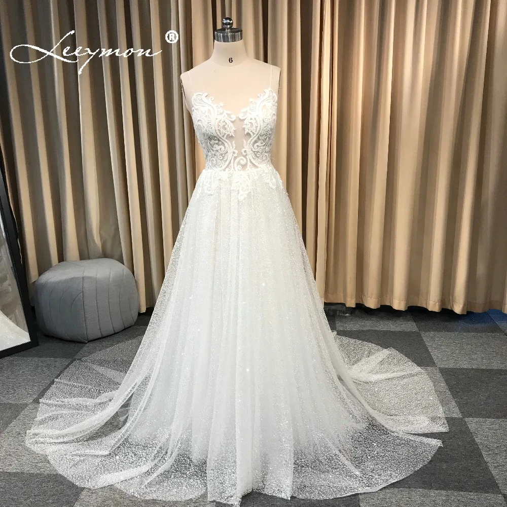 

Leeymon Boho Wedding Dress 2019 Beaded Romantic Bridal Gown Open Back Wedding Gown Customize