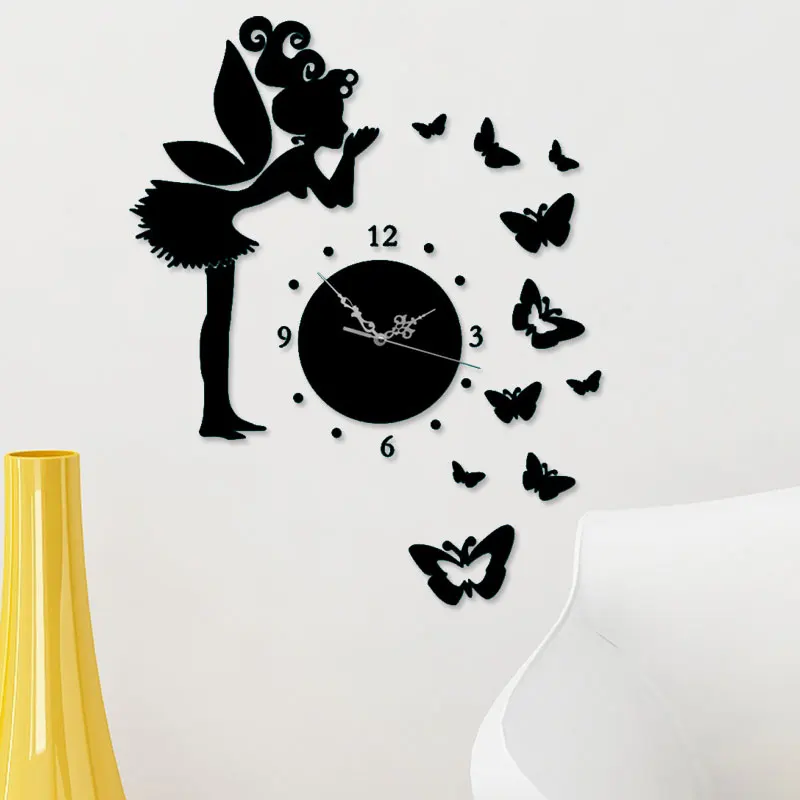 

Butterfly Creative Wall Clock Modern Design 3D DIY Clocks For Children Angel Mirror Wall Clock For Living Room Home Decor F
